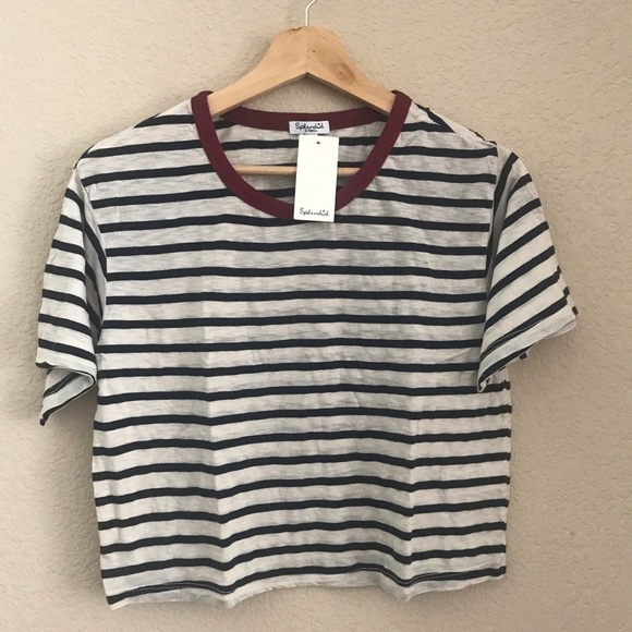 Splendid Large Navy Burgundy Striped Cropped Tee Shirt - Picture 1 of 4
